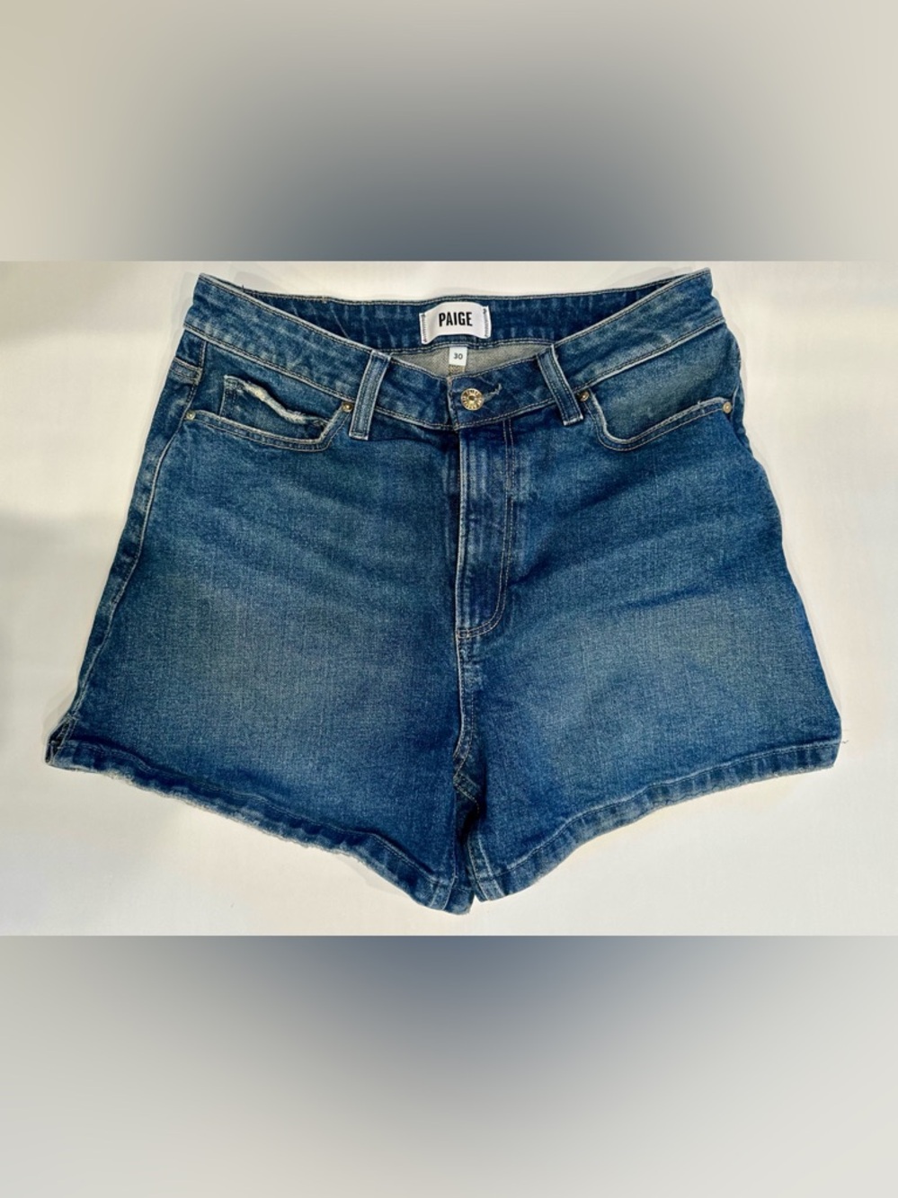 PAIGE Denim High-Rise Shorts in Blue Wash